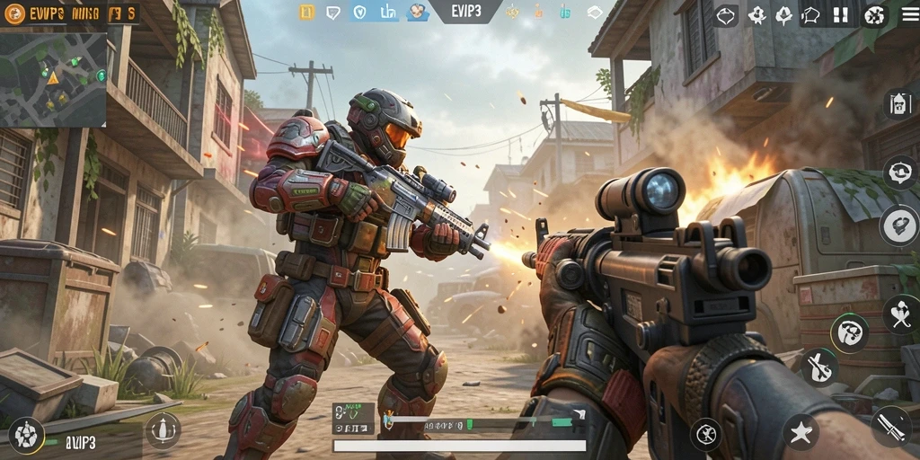 Screenshot EVIP3 menampilkan aksi intense dalam pertandingan FPS.