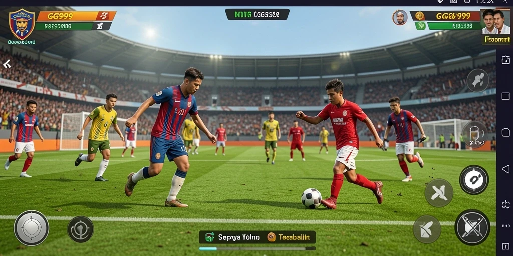 Screenshot gameplay GG999 menampilkan aksi seru di lapangan sepak bola.