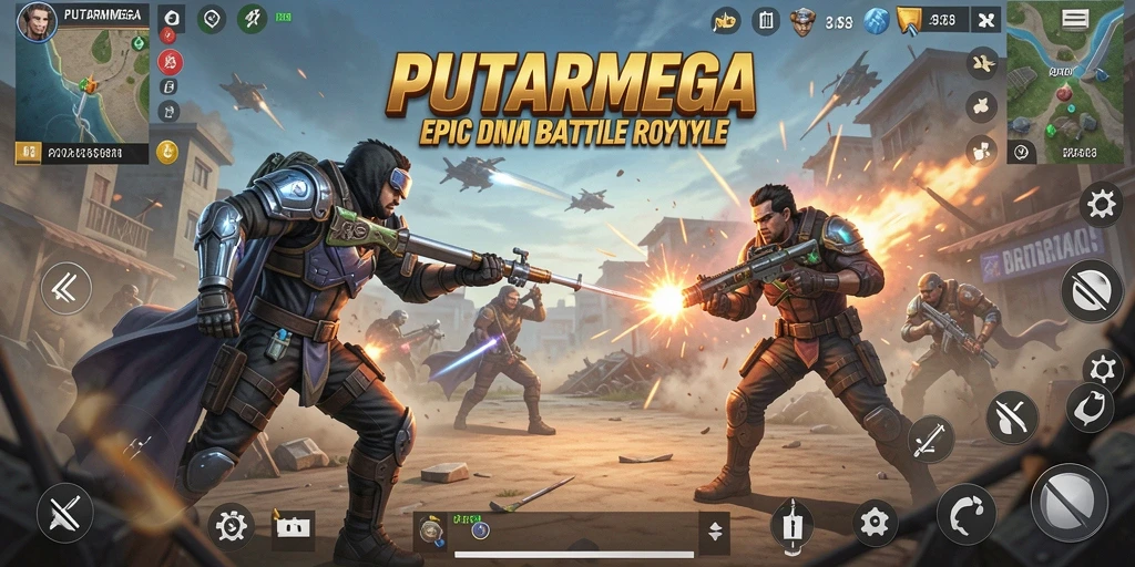 Screenshot PUTARMEGA menampilkan aksi seru dalam pertempuran Battle Royale.