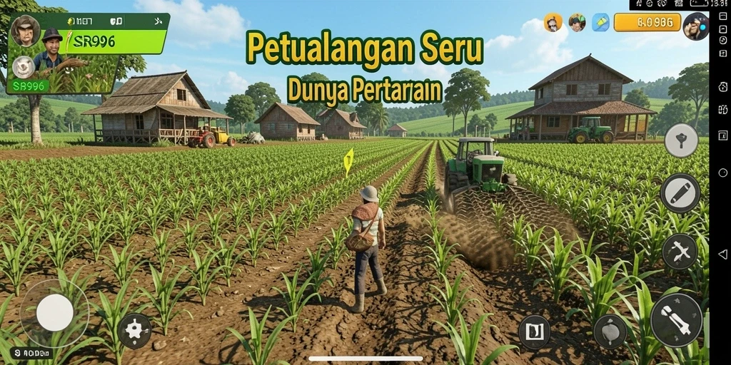Screenshot utama SR996 menampilkan gameplay seru dengan ladang dan tanaman.