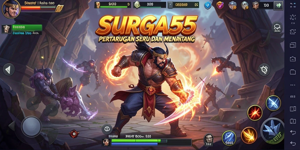 Screenshot utama SURGA55 menampilkan pertarungan seru antar karakter.